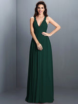 V-Neck Elegant Pleats Sleeveless Long Chiffon Bridesmaid Dresses-Ballbella
