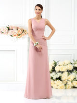 V-Neck Elegant Pleats Sleeveless Long Chiffon Bridesmaid Dresses-Ballbella