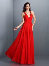 V-Neck Elegant Pleats Sleeveless Long Chiffon Bridesmaid Dresses-Ballbella
