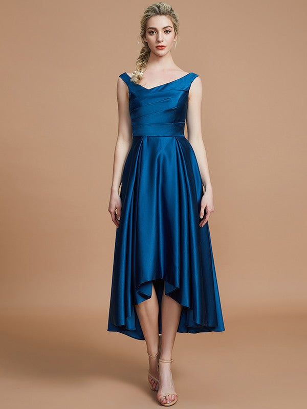 V-Neck Elegant Satin Asymmetrical Sleeveless Bridesmaid Dresses V-Neck Elegant Satin Asymmetrical Sleeveless Bridesmaid Dresses