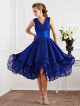 V-Neck Elegant Short Sleeves Pleats Short Chiffon Bridesmaid Dresses-Ballbella