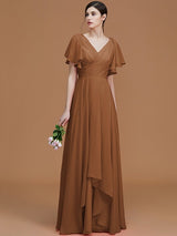 V-Neck Elegant Short Sleeves Ruched Chiffon Bridesmaid Dresses-Ballbella