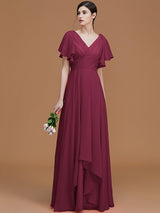 V-Neck Elegant Short Sleeves Ruched Chiffon Bridesmaid Dresses-Ballbella