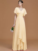 V-Neck Elegant Short Sleeves Ruched Chiffon Bridesmaid Dresses-Ballbella
