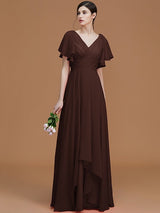 V-Neck Elegant Short Sleeves Ruched Chiffon Bridesmaid Dresses-Ballbella