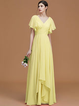 V-Neck Elegant Short Sleeves Ruched Chiffon Bridesmaid Dresses-Ballbella