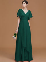 V-Neck Elegant Short Sleeves Ruched Chiffon Bridesmaid Dresses-Ballbella