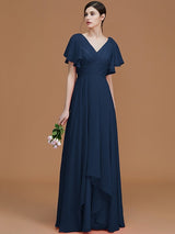 V-Neck Elegant Short Sleeves Ruched Chiffon Bridesmaid Dresses-Ballbella