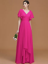 V-Neck Elegant Short Sleeves Ruched Chiffon Bridesmaid Dresses-Ballbella