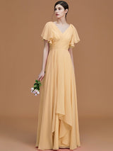 V-Neck Elegant Short Sleeves Ruched Chiffon Bridesmaid Dresses-Ballbella