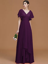 V-Neck Elegant Short Sleeves Ruched Chiffon Bridesmaid Dresses-Ballbella