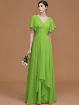 V-Neck Elegant Short Sleeves Ruched Chiffon Bridesmaid Dresses-Ballbella