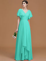 V-Neck Elegant Short Sleeves Ruched Chiffon Bridesmaid Dresses-Ballbella