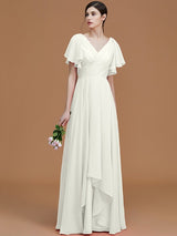 V-Neck Elegant Short Sleeves Ruched Chiffon Bridesmaid Dresses-Ballbella