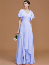V-Neck Elegant Short Sleeves Ruched Chiffon Bridesmaid Dresses-Ballbella