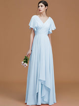 V-Neck Elegant Short Sleeves Ruched Chiffon Bridesmaid Dresses-Ballbella