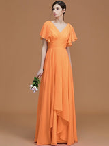 V-Neck Elegant Short Sleeves Ruched Chiffon Bridesmaid Dresses-Ballbella
