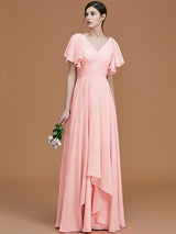 V-Neck Elegant Short Sleeves Ruched Chiffon Bridesmaid Dresses-Ballbella