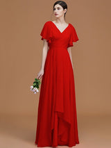 V-Neck Elegant Short Sleeves Ruched Chiffon Bridesmaid Dresses-Ballbella