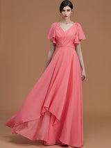 V-Neck Elegant Short Sleeves Ruched Chiffon Bridesmaid Dresses-Ballbella