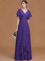 V-Neck Elegant Short Sleeves Ruched Chiffon Bridesmaid Dresses-Ballbella