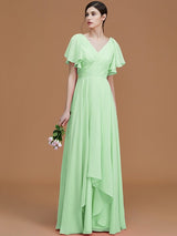 V-Neck Elegant Short Sleeves Ruched Chiffon Bridesmaid Dresses-Ballbella