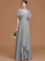 V-Neck Elegant Short Sleeves Ruched Chiffon Bridesmaid Dresses-Ballbella