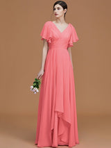 V-Neck Elegant Short Sleeves Ruched Chiffon Bridesmaid Dresses-Ballbella