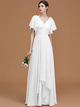 V-Neck Elegant Short Sleeves Ruched Chiffon Bridesmaid Dresses-Ballbella