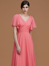 V-Neck Elegant Short Sleeves Ruched Chiffon Bridesmaid Dresses-Ballbella