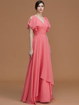V-Neck Elegant Short Sleeves Ruched Chiffon Bridesmaid Dresses-Ballbella