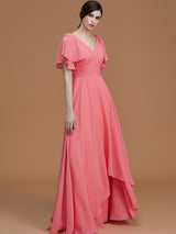 V-Neck Elegant Short Sleeves Ruched Chiffon Bridesmaid Dresses-Ballbella