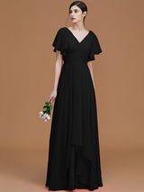 V-Neck Elegant Short Sleeves Ruched Chiffon Bridesmaid Dresses-Ballbella