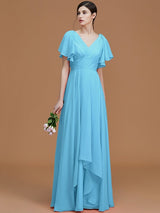 V-Neck Elegant Short Sleeves Ruched Chiffon Bridesmaid Dresses-Ballbella