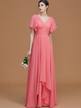 V-Neck Elegant Short Sleeves Ruched Chiffon Bridesmaid Dresses-Ballbella