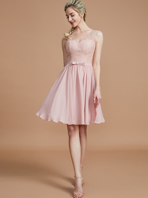 V-Neck Elegant Sleeveless Lace Short/Mini Chiffon Bridesmaid Dresses V-Neck Elegant Sleeveless Lace Short/Mini Chiffon Bridesmaid Dresses