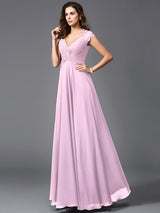 V-Neck Elegant Sleeveless Long Chiffon Bridesmaid dresses-Ballbella