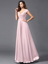 V-Neck Elegant Sleeveless Long Chiffon Bridesmaid dresses-Ballbella