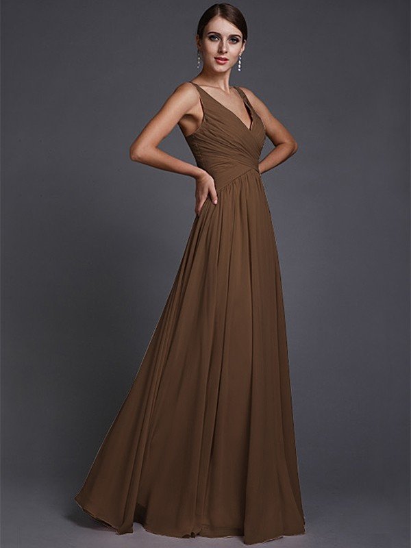 brown chiffon dress V-Neck Elegant Sleeveless Long Ruffles Chiffon Bridesmaid Dresses