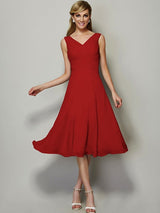 V-Neck Elegant Sleeveless Pleats Short Chiffon Bridesmaid Dresses-Ballbella