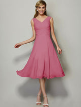 V-Neck Elegant Sleeveless Pleats Short Chiffon Bridesmaid Dresses-Ballbella