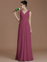 V-Neck Elegant Sleeveless Ruched Chiffon Bridesmaid Dresses-Ballbella