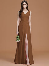 V-Neck Elegant Sleeveless Ruched Chiffon Bridesmaid Dresses-Ballbella