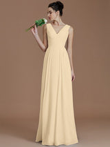 V-Neck Elegant Sleeveless Ruched Chiffon Bridesmaid Dresses-Ballbella