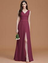 V-Neck Elegant Sleeveless Ruched Chiffon Bridesmaid Dresses-Ballbella