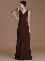 V-Neck Elegant Sleeveless Ruched Chiffon Bridesmaid Dresses-Ballbella