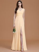 V-Neck Elegant Sleeveless Ruched Chiffon Bridesmaid Dresses-Ballbella