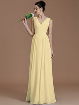 V-Neck Elegant Sleeveless Ruched Chiffon Bridesmaid Dresses-Ballbella