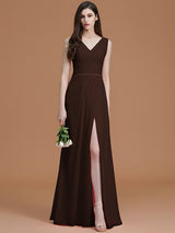 V-Neck Elegant Sleeveless Ruched Chiffon Bridesmaid Dresses-Ballbella