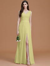 V-Neck Elegant Sleeveless Ruched Chiffon Bridesmaid Dresses-Ballbella